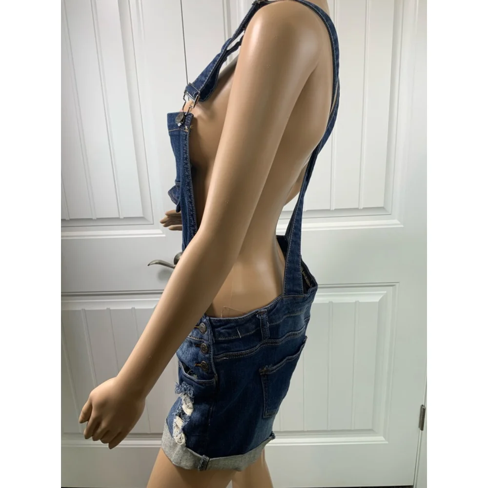 Machine Dark Wash Denim Overalls Shorts Blue Distressed Lg‎ Cabincore Fisherman